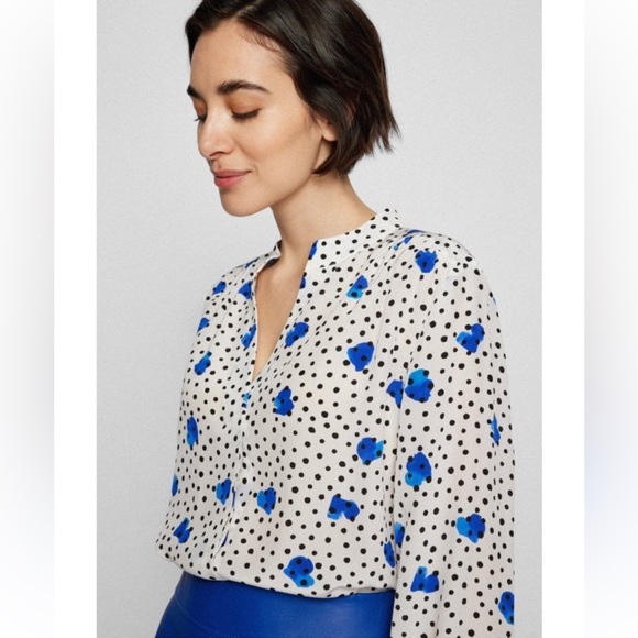 Hugo Boss Tops - Hugo Boss 100% silk Banora15 Fantasy Blouse White, Black & Blue Floral Polka Dot